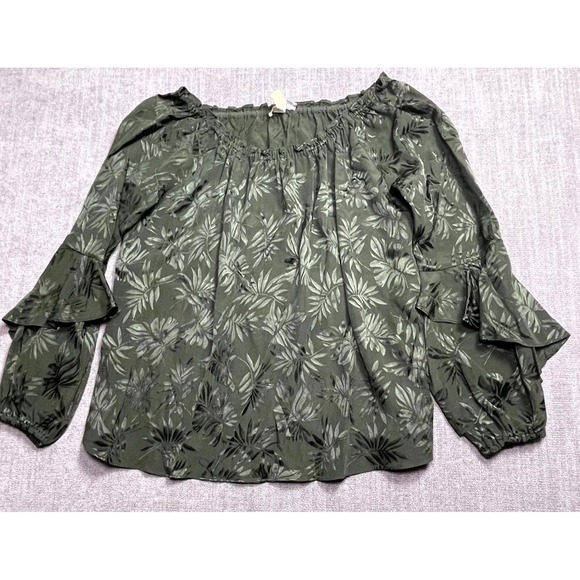 Michael Kors Tops - Michael Kors Blouse Top Womens Large Olive Green Floral Ruffle Sleeve Boat Neck